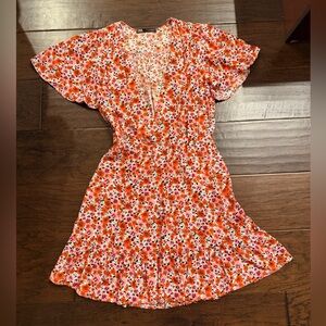 ZARA Floral Pink & Orange Ruffle-Hem Dress